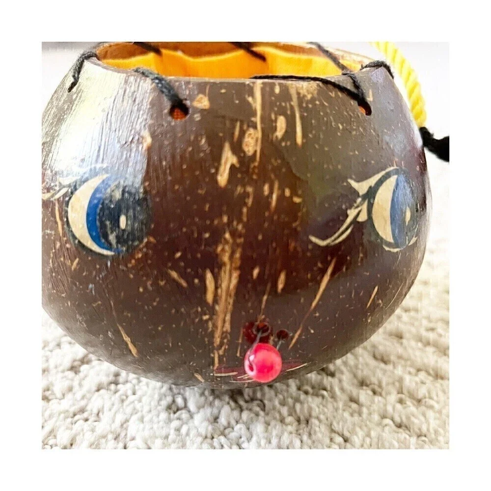 Handmade Coconut Shell Purse Smiley Girl Face Braided Hair Curiosity Oddity